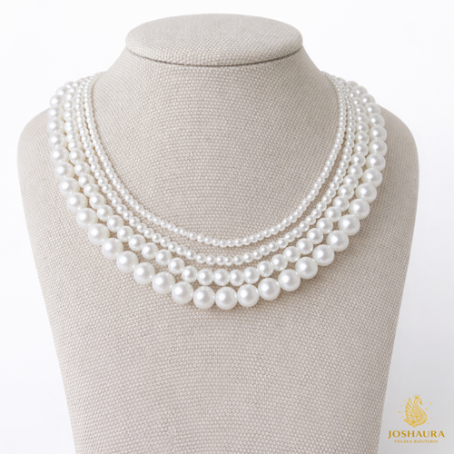 Klasyczny naszyjnik z perłami o różnych rozmiarach i regulowanym łańcuszkiem, prezentujący ponadczasowy i elegancki design. Ograniczona liczba sztuk dostępna.