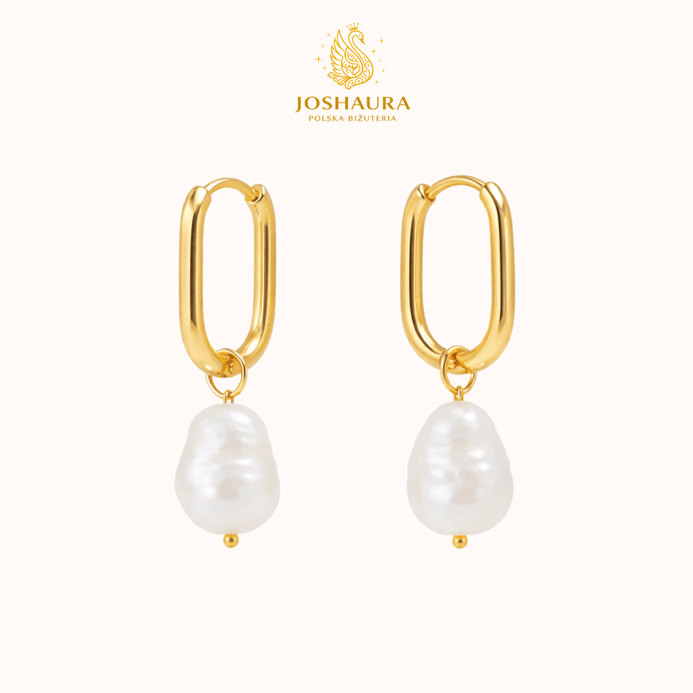 Eleganckie owalne kolczyki w kształcie kółek w kolorze 18-karatowego złota z zawieszkami z białych pereł barokowych